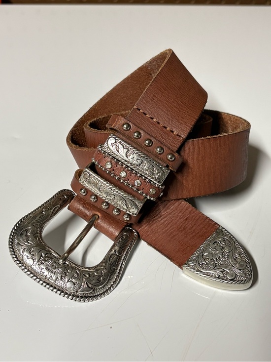 Nocona Accessories - NOCONA Leather Belt Boho Western Coastal Cowgirl Engraved Silver Rhinestones